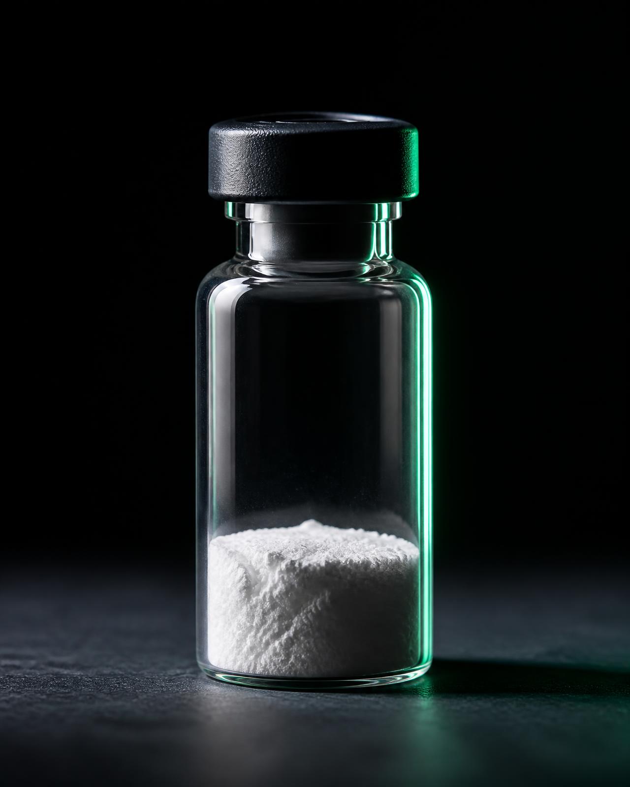 Sealed laboratory vial of lyophilized research peptide on a dark surface
